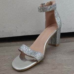 Silver Glitter Women's Block Heel Sandals